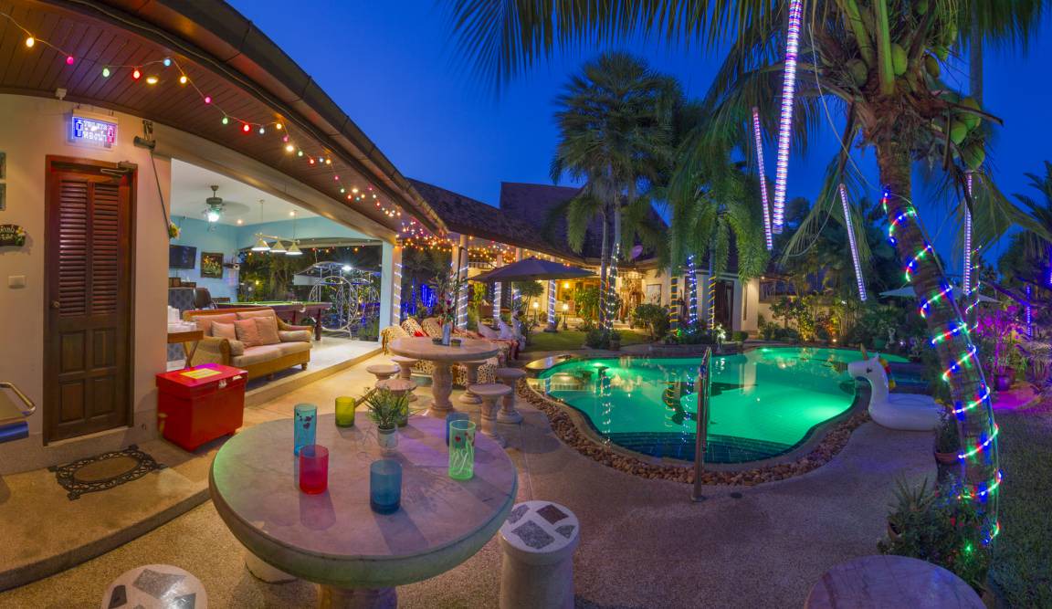Nong Pla Lai Villa | Relaxing Palm Pool Villa & Tropical Illuminated Garden & Swimming Pool.