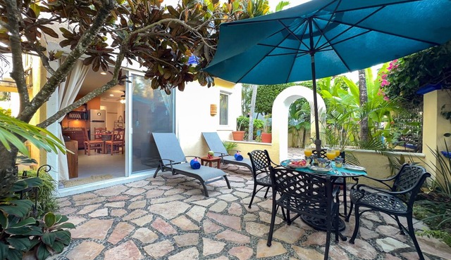 Quiet apartment with large, private patio, king bed & well-equipped kitchen.